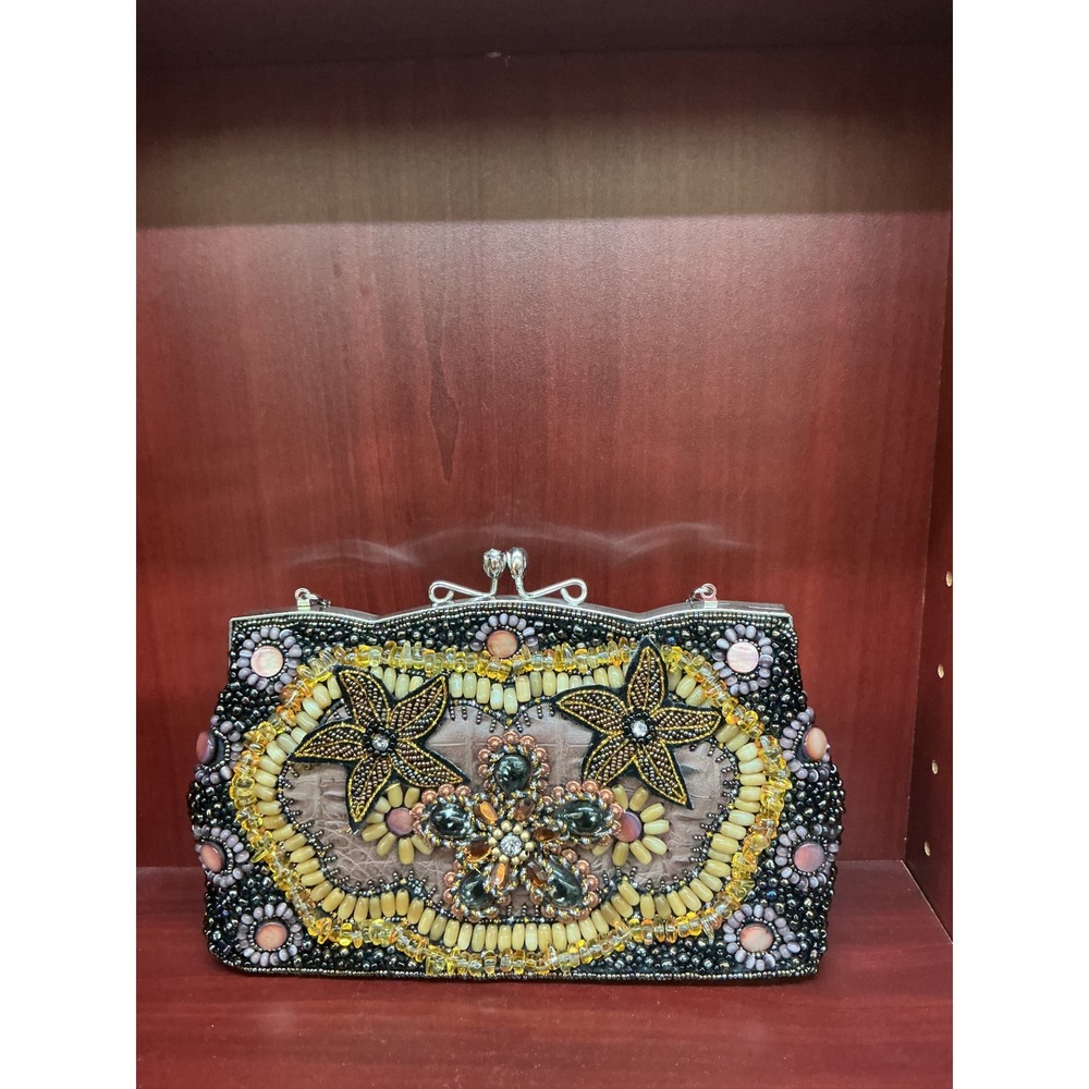 Ohh Ashley Handcrafted Beaded Floral Starfish Evening Clutch Bag Black Pink 10in